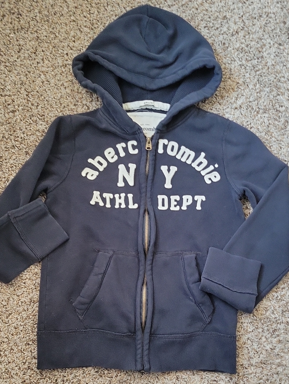 abercrombie kids navy zip hoodie with white logo
